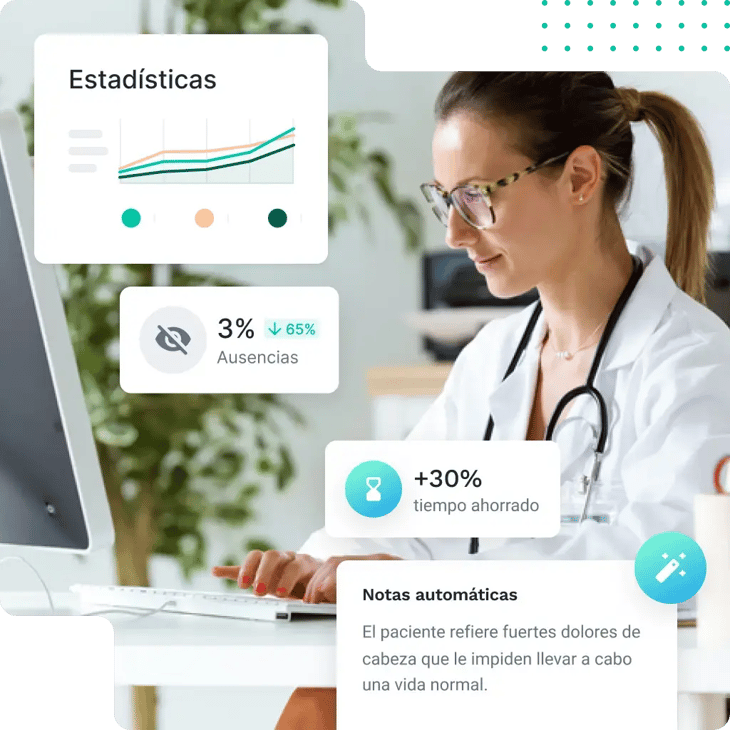 doctora con lentes frente a su computadora, generando notas médicas con Noa Notes