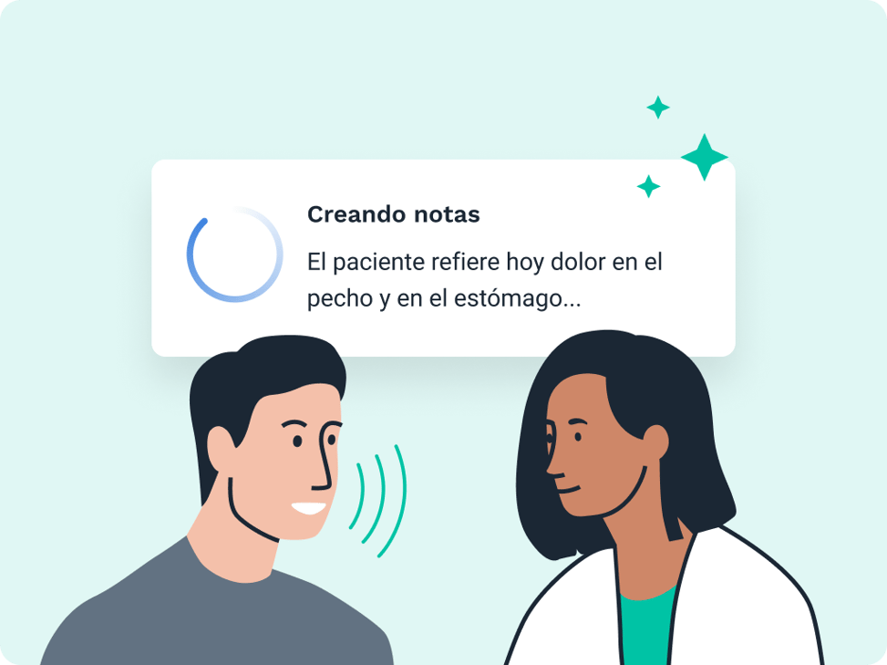 ilustración de doctora con paciente en consulta, creando nota médica con Noa Notes a partir de conversación