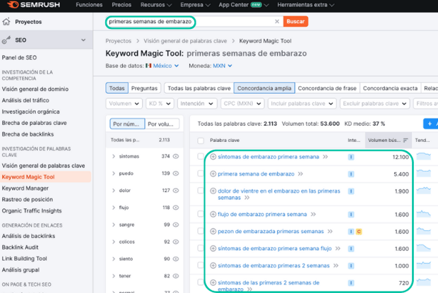 5 Busqueda-de-palabras-clave-en-semrush-palabra-primeras-semanas-de-embarazo-palabras-clave-relacionadas-y-volumen-de-busqueda