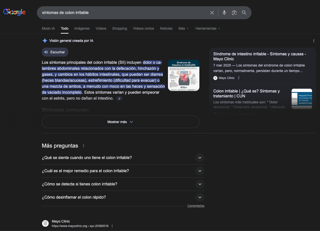 marketing digital médico, tendencias, síntomas de colon irritable, visión general creada por ia en google