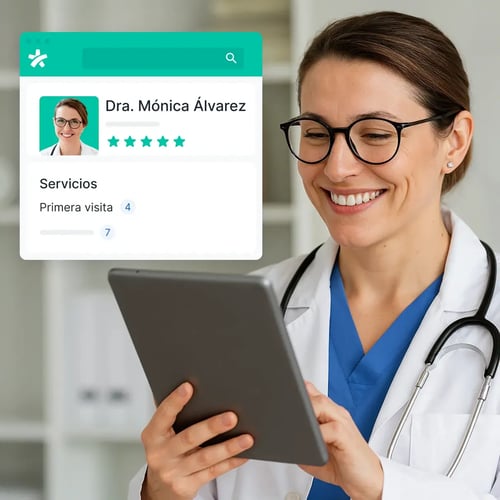marketing digital médico, tendencias, mujer médica sonriendo mientras revisa su tablet